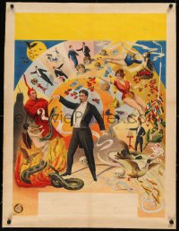 8c0115 UNKNOWN MAGIC POSTER linen 26x34 German magic poster 1890s colorful art of magician & tricks!