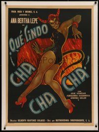 8c0196 QUE LINDO CHA CHA CHA linen Mexican poster 1955 Cabral art of sexy devilish woman, very rare!