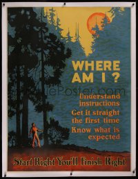 8c0002 MATHER & COMPANY linen 37x48 motivational poster 1925 art of man in forest, where am I, rare!