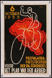 8c0116 PROPAGANDA FIETSTOCHTEN DER 26 FEDERATIES linen 26x40 Belgian political campaign 1935 bike art!