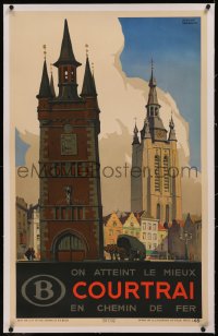8c0146 COURTRAI linen 25x39 Belgian travel poster 1930s Herman Verbaere art of St. Martin's Church!