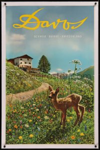 8c0147 DAVOS linen 26x40 Swiss travel poster 1935 Emil Meerkamper art of fawn in Switzerland, rare!