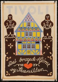 8c0151 TIVOLI linen 24x34 Danish travel poster 1919 Bogelund art of gingerbread men by house, rare!