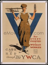 8c0157 CARE FOR HER THROUGH THE YWCA linen 29x41 WWI war poster 1918 for every fighter a woman worker!