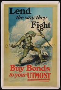 8c0159 LEND THE WAY THEY FIGHT linen 27x41 WWI war poster 1916 Ashe art of soldier throwing grenade!