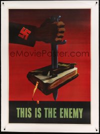 8c0006 THIS IS THE ENEMY linen 29x40 WWII war poster 1943 classic swastika/bayonet/Bible art by Marks!