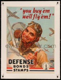 8c0164 YOU BUY 'EM WE'LL FLY 'EM linen 20x28 WWII war poster 1942 Wilkinsons art of pilot & planes!
