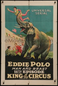 8d0216 KING OF THE CIRCUS chapter 11 1sh 1920 Universal serial, art of elephant lifting man, rare!