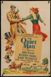 8d0221 QUIET MAN 1sh 1951 great art of John Wayne & sexy Maureen O'Hara, John Ford classic, rare!