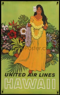 8d0189 UNITED AIR LINES HAWAII 25x40 travel poster 1960s Stan Galli art of native girl holding lei!