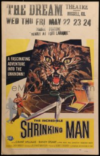 8d0107 INCREDIBLE SHRINKING MAN WC 1957 different Reynold Brown art of giant cat attacking tiny man!