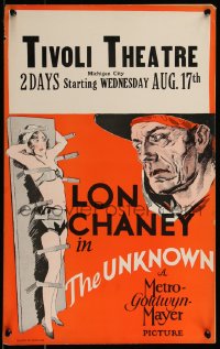 8d0111 UNKNOWN WC 1927 great art of knife thrower Lon Chaney with sexy assistant Joan Crawford!