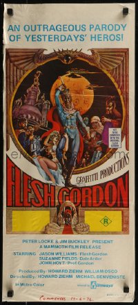 8f0260 FLESH GORDON Aust daybill 1974 sexy sci-fi spoof, wacky erotic super hero art by George Barr!