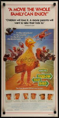 8f0261 FOLLOW THAT BIRD Aust daybill 1985 great art of the Big Bird & Sesame Street cast by Chorney!