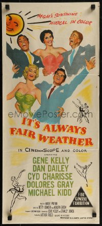 8f0301 IT'S ALWAYS FAIR WEATHER Aust daybill 1955 art of Gene Kelly, Cyd Charisse, Dan Dailey & Dolores Gray!