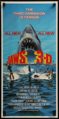 8f0302 JAWS 3-D Aust daybill 1983 Gary Meyer shark artwork, the third dimension is terror!