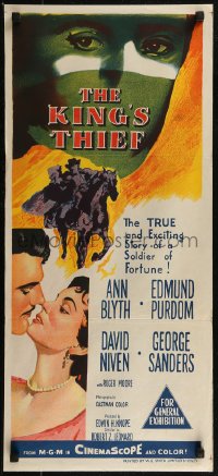 8f0312 KING'S THIEF Aust daybill 1955 Ann Blyth, Edmund Purdom & art of masked Purdom on horse!