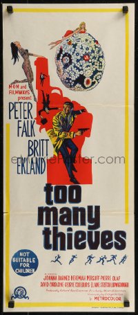 8f0447 TOO MANY THIEVES Aust daybill 1966 Peter Falk, Britt Ekland in fishnets, sexy crime artwork!