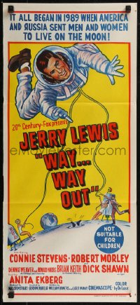 8f0461 WAY WAY OUT Aust daybill 1966 art of astronaut Jerry Lewis sent to live on the moon in 1989!