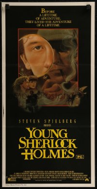 8f0477 YOUNG SHERLOCK HOLMES Aust daybill 1985 Steven Spielberg, Nicholas Rowe, cool detective art!