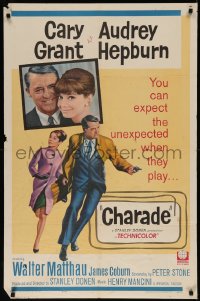 8f0595 CHARADE 1sh 1963 art of tough Cary Grant & sexy Audrey Hepburn, expect the unexpected!