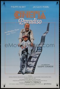 8f0604 CINEMA PARADISO int'l Spanish language 1sh 1990 Philippe Noiret & Salvatore Cascio on bike!