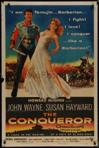 8f0619 CONQUEROR 1sh 1956 barbarian John Wayne grabs half-dressed sexy Susan Hayward!