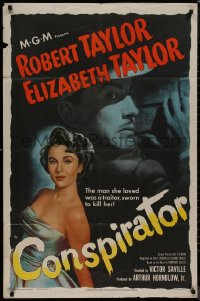 8f0621 CONSPIRATOR 1sh 1949 art of English spy Robert Taylor & sexy young Elizabeth Taylor!