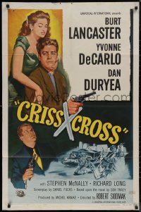 8f0630 CRISS CROSS 1sh R1958 cool crime film noir artwork of Burt Lancaster & sexy Yvonne De Carlo!
