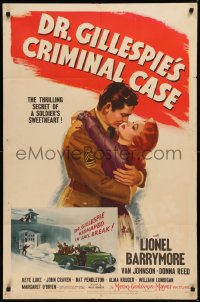 8f0672 DR. GILLESPIE'S CRIMINAL CASE 1sh 1943 art of soldier Michael Duane romancing Donna Reed!