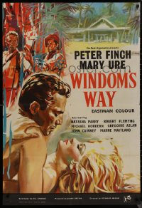 8f0041 WINDOM'S WAY English 1sh 1958 romantic artwork of Peter Finch & Mary Ure on tropical island!