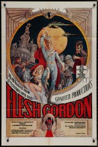8f0714 FLESH GORDON 1sh 1974 sexy sci-fi spoof, wacky erotic super hero art by George Barr!