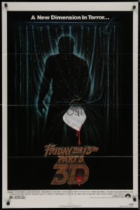8f0729 FRIDAY THE 13th PART 3 - 3D 1sh 1982 slasher sequel, art of Jason stabbing through shower!
