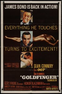 8f0759 GOLDFINGER 1sh 1964 three great images of Sean Connery as James Bond 007 with glossy finish!