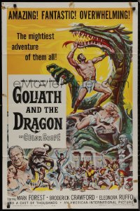 8f0760 GOLIATH & THE DRAGON 1sh 1960 Reynold Brown art of Mark Forest battling the giant beast!
