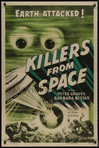 8f0841 KILLERS FROM SPACE 1sh 1954 bulb-eyed men invade Earth from flying saucers, cool art!