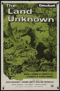 8f0846 LAND UNKNOWN 1sh R1964 a paradise of hidden terrors, great art of dinosaurs by Ken Sawyer!