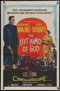 8f0852 LEFT HAND OF GOD 1sh 1955 full-length art of priest Humphrey Bogart w/ gun, Gene Tierney!