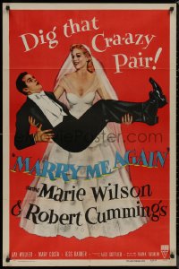8f0886 MARRY ME AGAIN 1sh 1953 great art of bride Marie Wilson carrying Robert Cummings!