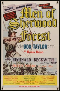 8f0891 MEN OF SHERWOOD FOREST 1sh 1956 art of Don Taylor as Robin Hood fighting many guards!