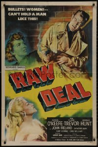 8f0991 RAW DEAL 1sh 1948 bullets & Claire Trevor can't hold a man like Dennis O'Keefe, cool art!
