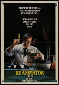 8f0992 RE-ANIMATOR 1sh 1985 great image of mad scientist Jeffrey Combs w/severed head in bowl!