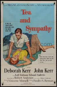 8f1099 TEA & SYMPATHY 1sh 1956 great artwork of Deborah Kerr & John Kerr by Gale, classic tagline!