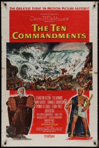 8f1114 TEN COMMANDMENTS 1sh 1956 DeMille classic, art of Charlton Heston & Yul Brynner!