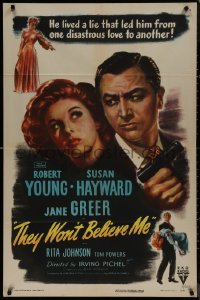 8f1120 THEY WON'T BELIEVE ME 1sh 1947 Susan Hayward, Robert Young w/gun, Greer, film noir!