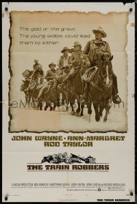 8f1138 TRAIN ROBBERS style B 1sh 1973 cowboy John Wayne & Ann-Margret on horseback!