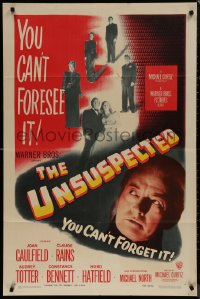 8f1150 UNSUSPECTED 1sh 1947 Joan Caulfield, Claude Rains, you can't forsee it, you can't forget it!