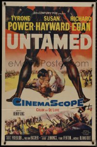 8f1151 UNTAMED 1sh 1955 cool art of Tyrone Power & Susan Hayward in Africa with natives!