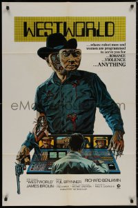 8f1175 WESTWORLD int'l 1sh 1973 Crichton, cool art of cyborg cowboy Yul Brynner by Neal Adams!