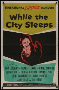 8f1178 WHILE THE CITY SLEEPS 1sh 1956 great image of Lipstick Killer's victim, Fritz Lang!